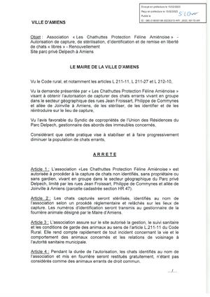 Ar1 2023 00170 Arrête D'autorisation De L'association Les Chathuttes Protection Féline Amienoise Autorisée à La Capture De Chats Site Parc Privée Delpech à Amiens Année 2023