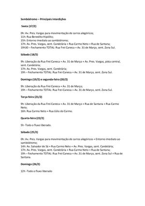 Sambódromo – Principais Interdições