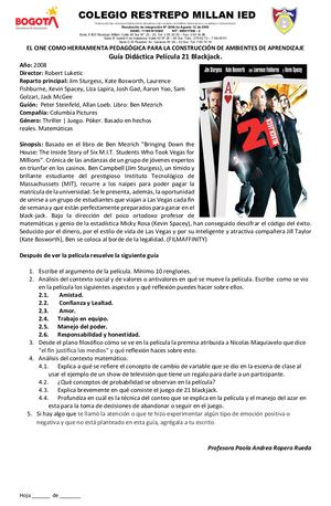 Guía Pedagógica De La Pelicula 21 Blackjack