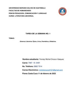 Tarea De Literatura Universal Semana 1 Yomaly Michel Orozco Vásquez