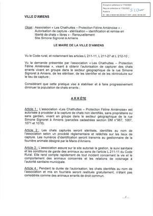 Ar1 2023 00193 Arrête D'autorisation De L'association Les Chathuttes Pour La Capture La Stérilisation Et L'identification Des Chats Site Simone Signoret à Amiens