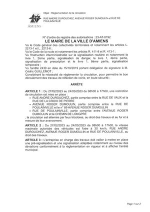 23 At 0192 Arrête De Réglementation De La Circulation Rue André Durouchez Avenue Roger Dumoulin Et Rue De Poulainville à Amiens Du 27 02 Au 24 03 2023