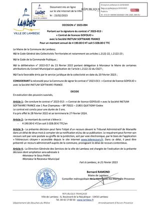 2023 094 CP Portant sur la signature du contrat n° 2023-013 : « Contrat de licences GOFOLIO » avec la Société INETUM SOFTWARE FRANCE