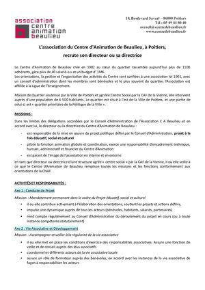 Centre Animation Beaulieu Offre Emploi Du Directeur Ou De La Directrice Final