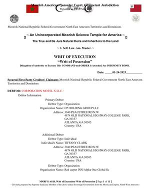 Mnrfg A020 Writ Of Execution Motel X llc & Cp Holding Group lp  holding /4874 Old National Highway Atlanta Ga 30332