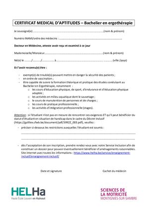 CERTIFICAT MEDICAL D’APTITUDES – Bachelier en ergothérapie