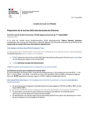 20230301 Cp Préparation De La Rentrée 2023 Dans Les éColes De Charente