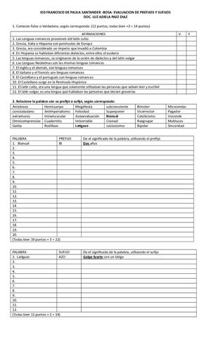 Evaluacion De Prefijos Y Sufijos