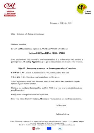 Invitation JPO Job dating CFA Moulin Rabaud 18 mars 2023
