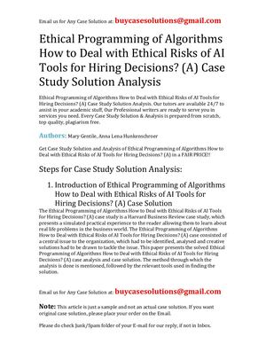 Ethical Programming Of Algorithms How To Deal With Ethical Risks Of AI Tools For Hiring Decisions? (A) Case Study Solution Analysis