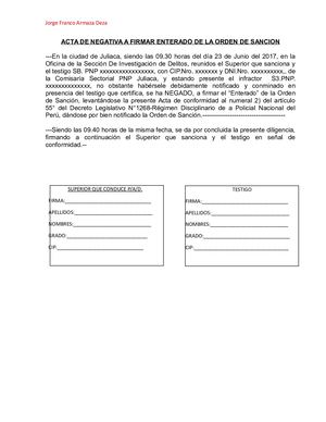 MODELO ACTA DE NEGATIVA A FIRMAR ENTERADO DE LA ORDEN DE SANCION - Jorge Franco Armaza Deza