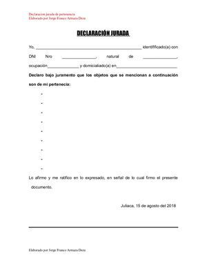 Declaracion Jurada De Pertenencia - Jorge Franco Armaza Deza