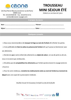 TROUSSEAU Mini Séjour ETE 2023