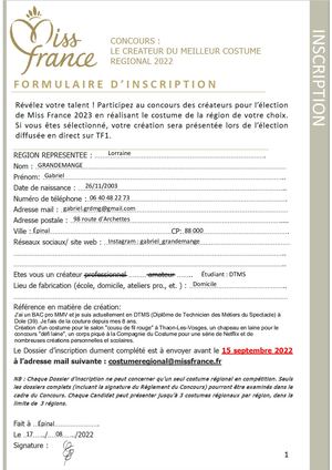 Dossier D'inscription Au Concour Du Costume Régional Miss France 2023 Lorraine