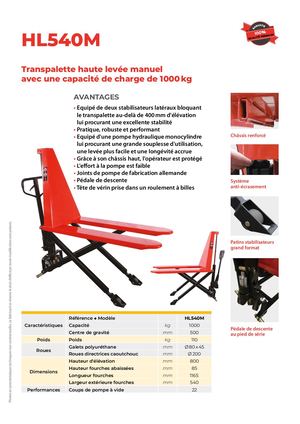 TRANSPALETTE HAUTE Levée 1T Manuel HL540M DS MA FR 1