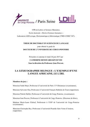 La Lexicographie Bilingue: L'Exemple d'une langue africaine, Le Lari. Par  C. Renouard Kivouvou, 2017