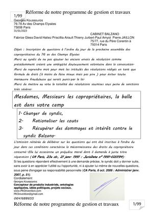 Expulsion Cabinet Balzano, David HATTEZ, inscription Question Ordre Jour Assemblee Coproprietaires 2023 Balzano