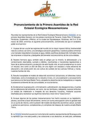 Pronunciamiento Red Eclesial Ecológica Mesoamericana (Remam) Honduras Marzo 2023.
