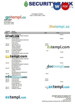 USA Security Bank of Kansas city banking statement Word and PDF template