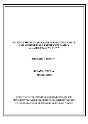 An Analysis Of Challenges In Financing Small And Medium Scale Farmers In Zambia A Case Of Kabwe Town