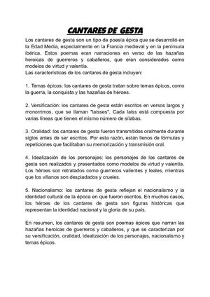 Cantares De Gesta Y El Cantar De Mio Cid