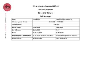 Calendar Barcelona Bacherlor 2023 24
