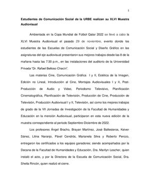 Estudiantes De Comunicación Social De La Urbe Realizan Su Xlvi Muestra Audiovisual