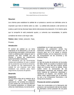 Técnicas Para Analizar La Calidad De Un Producto