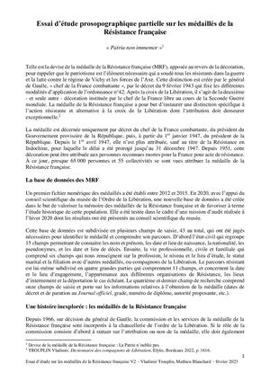 Les Médaillés De La Résistance Française Essai D Etude