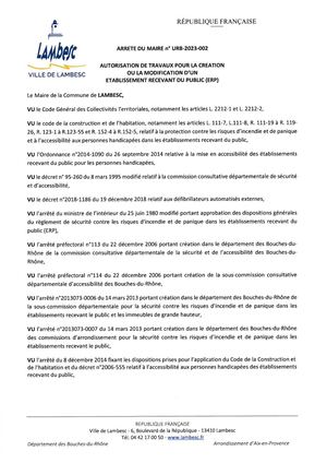 Arrêté N° Urb 2023 002 AUTORISATION DE TRAVAUX POUR LA CREATION  OU LA MODIFICATION D’UN ETABLISSEMENT RECEVANT DU PUBLIC (ERP)