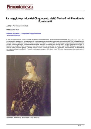 La Maggiore Pittrice Del Cinquecento visitò Torino? Sofonisba Anguissola e il suo possibile soggiorno torinese (Piemonte Mese)
