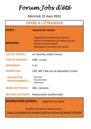 Offres à L'étranger - Second De Cuisine Suisse