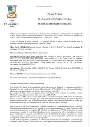 Ville de Penmarc'h. Conseil municipal, procès-verbal 08 février 2023