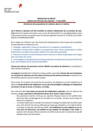 Médiation De Projet : Restitution des propositions de solutions dans les 4 ateliers