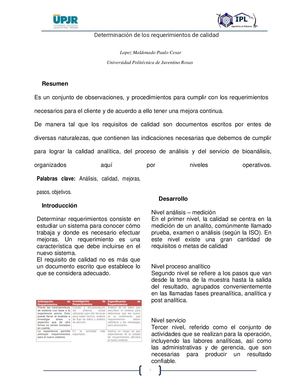 Determinación De Los Requerimientos De Calidad