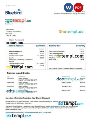 Usa Bluebird Bank Statement