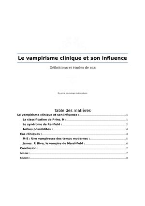 Le Vampirisme Clinique Et Son Influence
