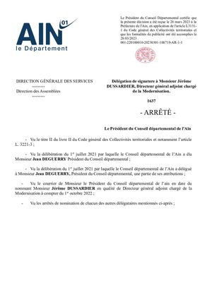 Délégation De Signature M Jérôme Dussardier Dgam Arrêté N° 1637 Mars 2023