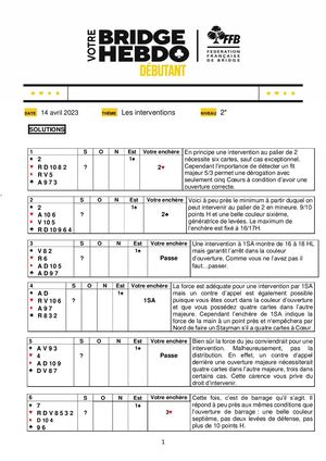 59. Solution Votre Bridge Hebdo Débutant 14 04 2023