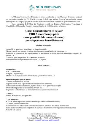 Poste Cdd 3 Mois Ot Sud Brionnais