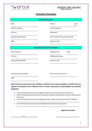 Formulaire d’inscription arcus Jugendhaus Mamer