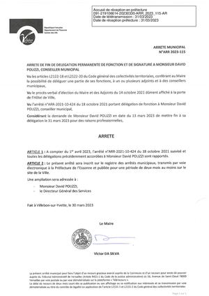 Arr 2023 115 Arrêté Fin De Délégation Permanente De Fonction Et De Signature M David Polizzi Conseiller Municipal