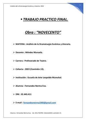 T P Final Novecento Analisis De La Dramaturgia Escenica Y Literaria Pdf
