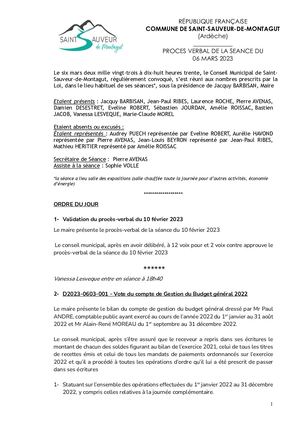 Pv De La Séance Du 6 Mars 2023