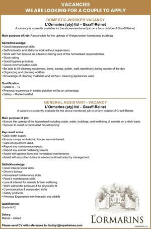 Vacancies: L'Ormarins Graaff-Reinet
