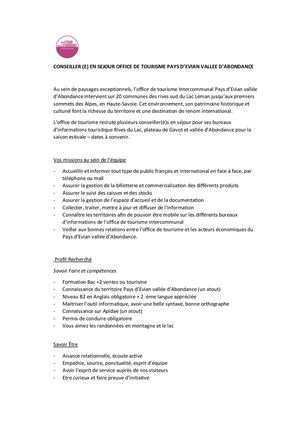 Offre D'emploi Conseiller En Séjour Pays D'evian Vallée D'abondance Eté 2023