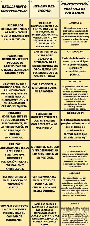 Paralelo de las Reglas de convivencia hogar, la normatividad de la institución y la constitución política
