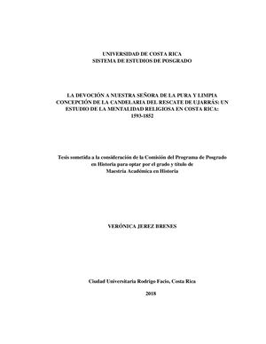 Devoción A La Virgen De Ujarrás: Un estudio de la mentalidad religiosa en Costa Rica: 1593-1852. Verónica Jeréz Brenes.