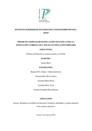 Ensayo Basándose En El ÍNdice De Inclusión Fortalezas Debilidades Y Cultura Educativa En Los Centros Educativos
