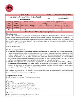 Syllabus MSc Management Des Activités Culturelles Et Créatives